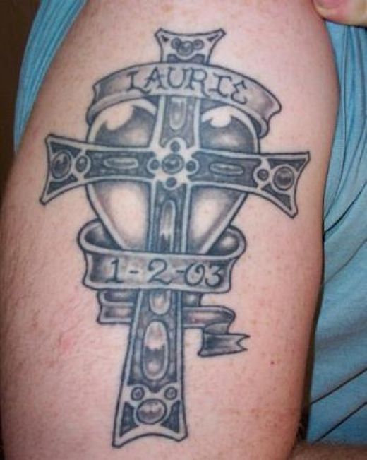 cross with banner tattoo. with names. anner tattoos