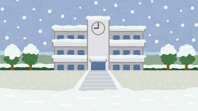 無料イラスト かわいいフリー素材集 雪が降る学校の建物のイラスト 背景素材