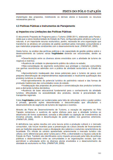 DIAGNÓSTICO DA ÁREA E DAS ATIVIDADES TURÍSTICAS DO PÓLO TAPAJÓS - NOVEMBRO 2010 - PARTE II – PARÁ – BRASIL
