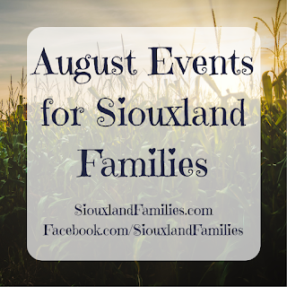 in background, a corn field with a sunset sky behind it, in foreground the words "August events for Siouxland Families"