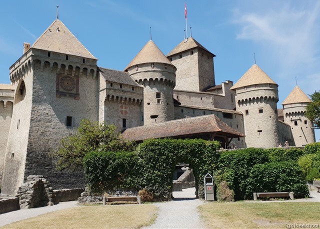 Interesting round turrets on the wall and square towers Chillon Castle
