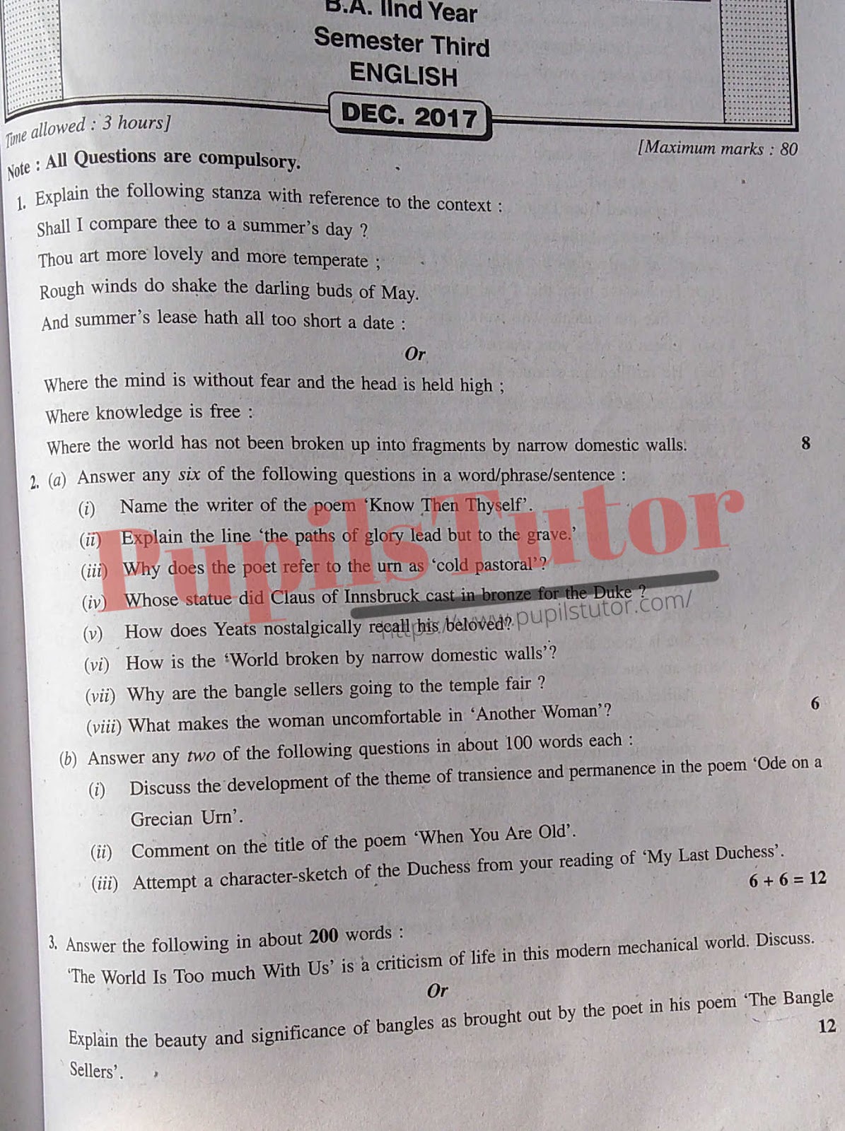 KUK (Kurukshetra University, Kurukshetra Haryana) BA Semester Exam Third Semester Previous Year English Question Paper For December, 2017 Exam (Question Paper Page 1) - pupilstutor.com
