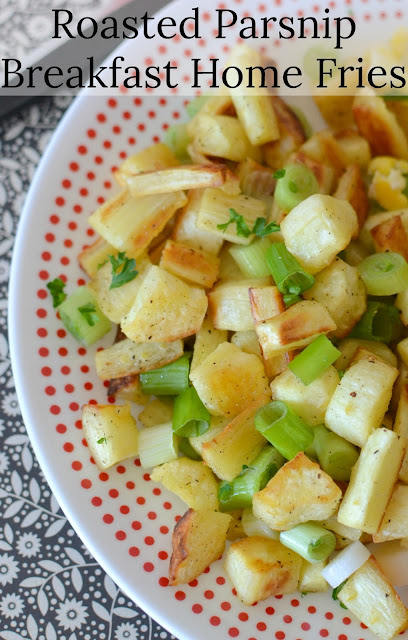 Roasted Parsnip Breakfast Home Fries Recipe from Hot Eats and Cool Reads! This breakfast or dinner side dish is unique, delicious and so simple to make! The freshness of the green onions go great with the roasted parsnips!