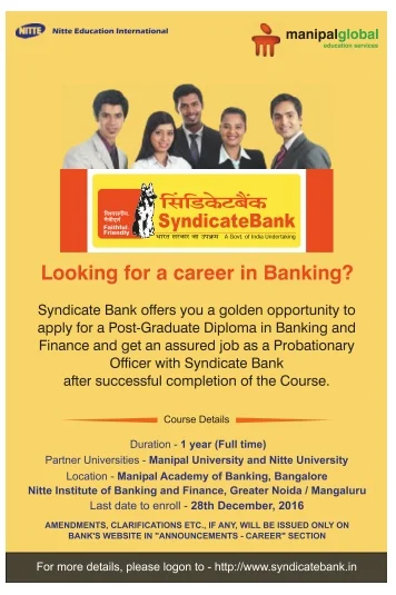 Syndicate Bank Probationary Officers recruitment by PGDBF 2016