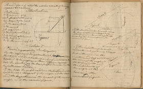 An open book of handwritten text and geometric figures.