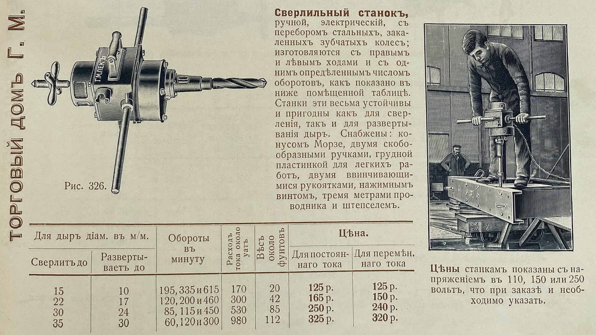 Электрдрель, Торговый дом технических машин и инструментов завода Г.М.Пек, С-Петербург, улица Гоголя 13-8. Станки и инструменты для обработки металла. 1913. Каталог и прейскурант.