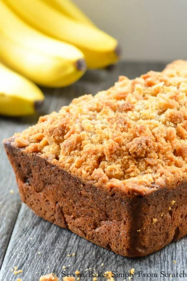 Loaf of Banana Bread Coffee Cake with a brown sugar crumb. A favorite for breakfast, brunch, or dessert! Super moist and tender from Serena Bakes Simply From Scratch.