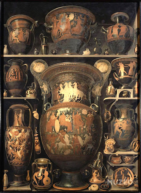 Alexandre Isidore Leroy de Barde (1777-1828) Vases grecs et étrusques Aquarelle, 150 x110 cm Musée du Louvre, cabinet de curiosités,