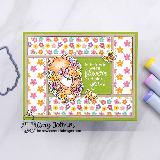 Amy's friend card showcases Newton's Flower Garden, Springtime, and A2 Card Layout by Newton's Nook Designs; #inkypaws, #newtonsnook, #catcards, #springcards, #friendshipcards, #floralcards, #cardmaking, #cardchallenge