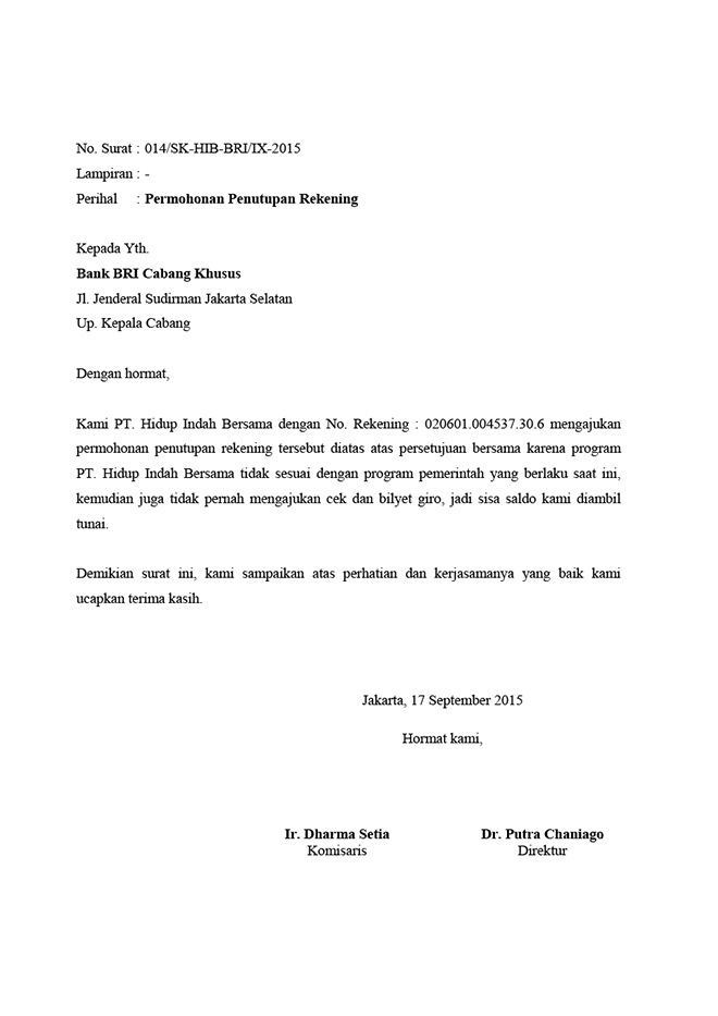 Surat Permohonan Penutupan Rekening Bank BRI - Audyfa 