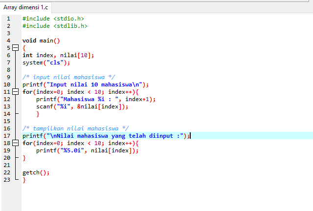 Contoh program bertipe Array satu dimensi dengan 