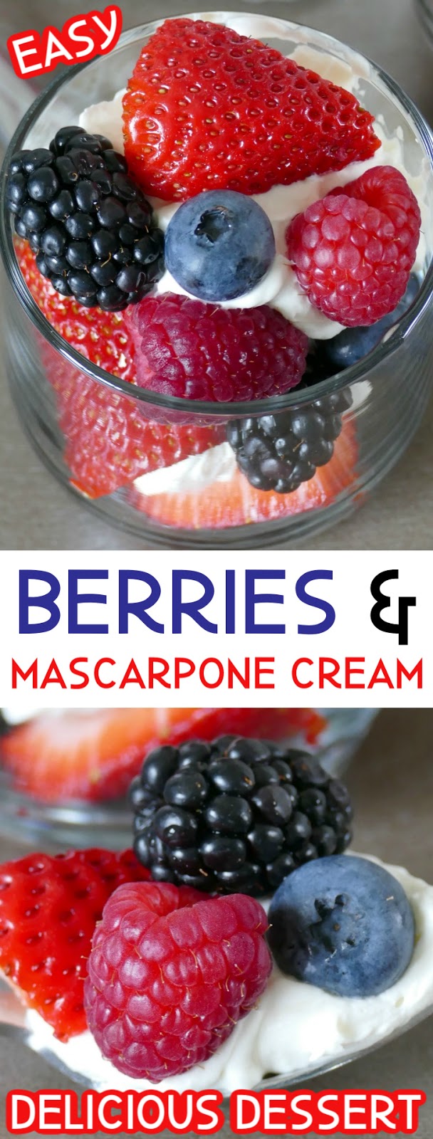 The perfect no bake patriotic dessert or breakfast for Memorial Day or July 4th! Also great for your sweetheart on Valentine's Day, or just because! The mascarpone cheese adds so much to the sweetened cream and we love using blueberries, strawberries, cherries, blackberries or raspberries in this easy and delicious treat!