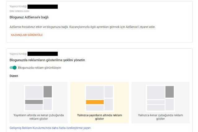 Blogger Yönetim Arayüzüne Giriş, Kazançlar Bölümü, AdSense Ayarlamaları