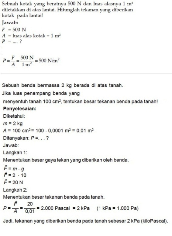 Contoh soal dan penyelesaian soal Tekanan  PHYSICS IN 