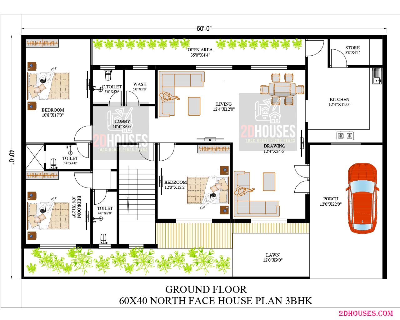2400 sqft north face 60x40 house plans 3bhk