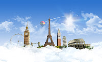 A collage of famous landmarks of the world floating in the clouds. Energy independence of Europe. On it you can see such famous places as the Eiffel Tower, the Colosseum,