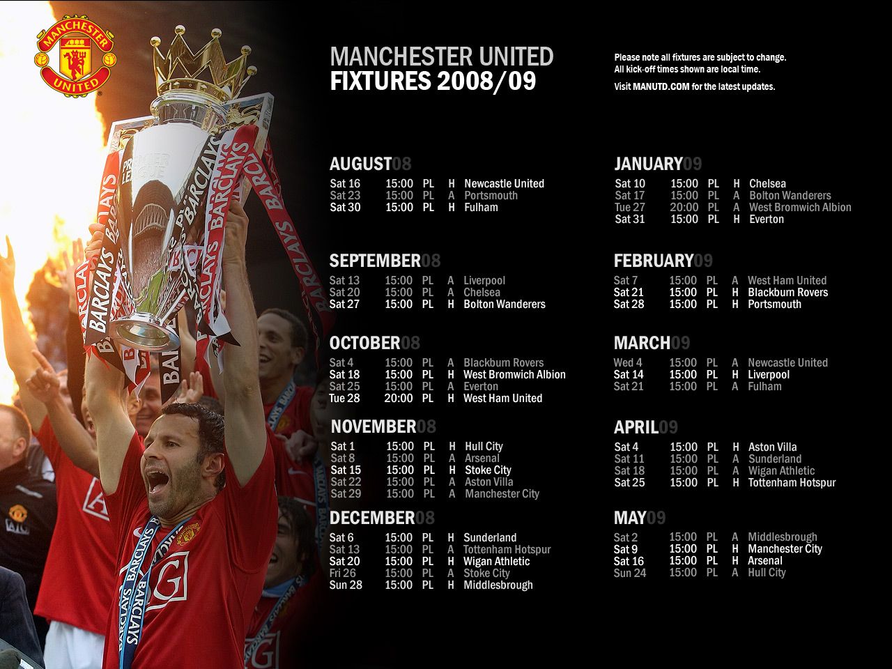 manchester united fixtures 2008 2009