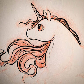Ink and red colored pencil drawing of a unicorn with windswept mane looking off into the distance