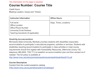 Screen capture of the first four components of a syllabus: course title and information, instructor information, disability statement, and course description. 