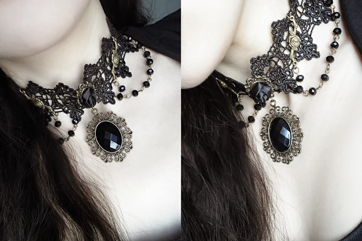 woman's neck with a black lace choker in baroque or gothic style and a cameo pendant
