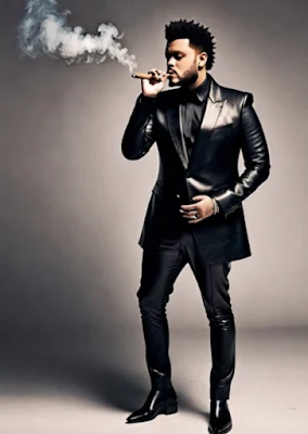 The Weeknd wearing black leather suit puffing a gar