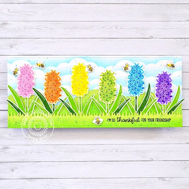 Sunny Studio Stamps: Spring Bouquet Friendship Card by Marine Simon (featuring Sunflower Fields, Words Of Gratitude, Picket Fence Border Dies)