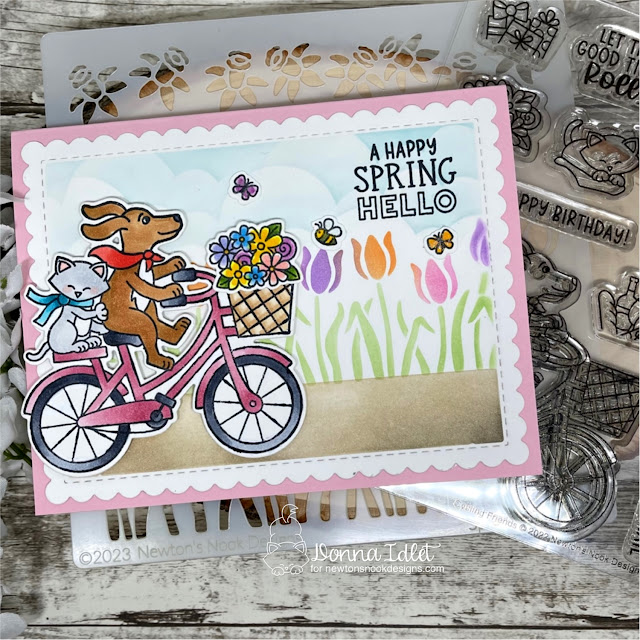 Cycling By with a Spring Hello Card by Donna Idlet | Cycling Friends Stamp Set, Spring Blooms Oval Stamp Set, Clouds Stencil, Spring Garden Line Stencil and Frames & Flags Die Set by Newton's Nook Designs #newtonsnook #handmade