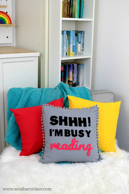 Colorful Home Styling with Personality - Rainbow Decor Ideas, Dream Bookworm Bedroom Inspiration, Shh I'm Busy Reading Throw Pillow