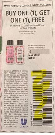 BOGO Free Love Beauty and Planet Hair Care, Skin Cleansing, Lotion or Deodorant products Coupon from "SAVE" insert week of 2/19/23.