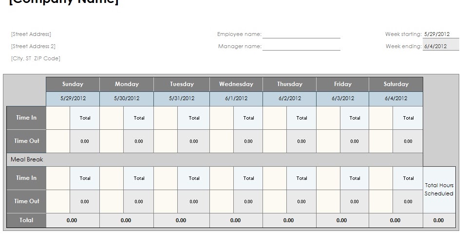 Employee Weekly Time sheet ~ Template Sample