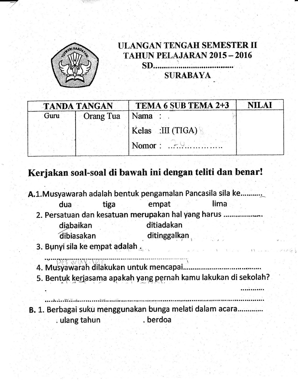 UTS Tema 6 sub Tema 2 dan 3 semester GENAP ta 2015 2016 sd kelas 3 kurikulum2013