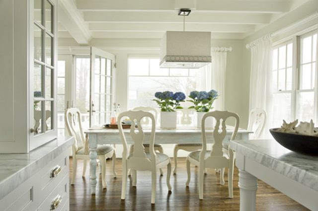 square drum pendant lighting white dining room open to kitchen