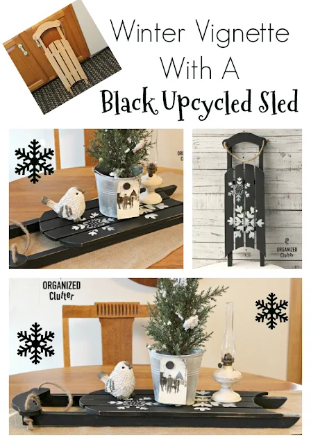 Upcycled Goodwill Sled As Winter Decor #stencil #snowflakes #dixiebellepaint #caviar #thriftshopmakeover #upcycle #wintervignette