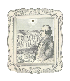 A vintage illustration of a man in period clothing with a white curled wig, standing under an eclipse and a hillside with Egyptian-appearing monuments, while corpses lie on the ground.