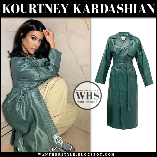 Kourtney Kardashian in green leather trench coat