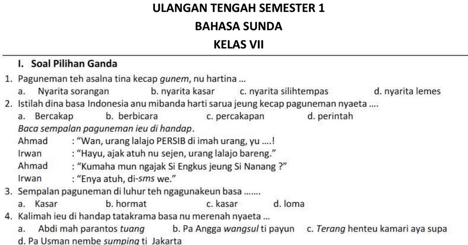  Soal UTS Bahasa Sunda Kelas 7 8 9 Semester 1 Tahun 