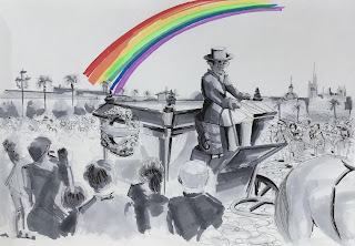 dibujo de carruaje de caballos y arcoiris