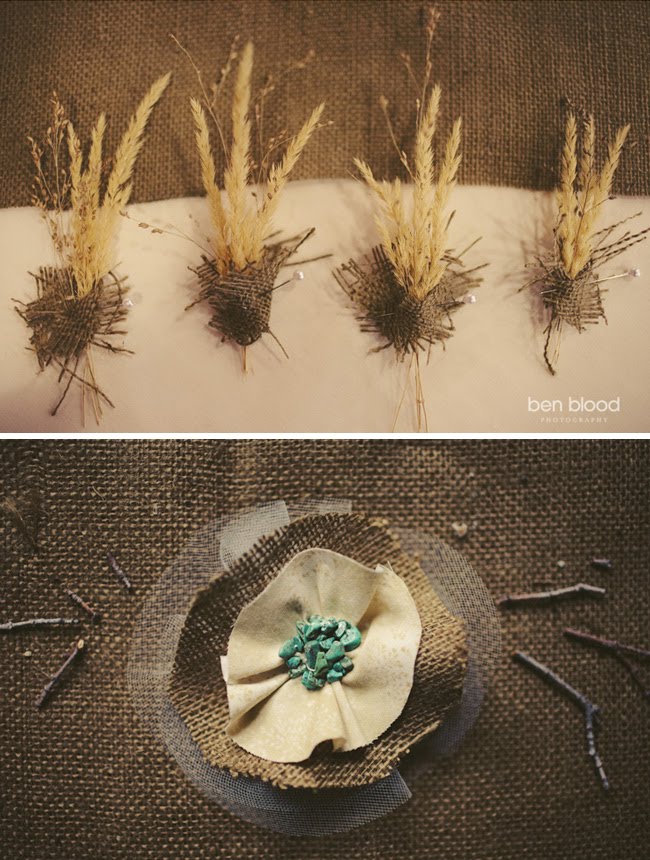 burlap boutonniere and hairpiece