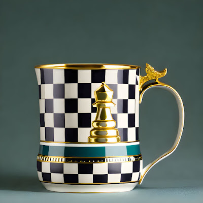 Photo of a Black and White checkered Coffee mug with Gold and Teal Highlights with a Gold Chess Bishop on the side.