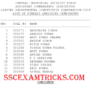 UPSC CISF ACs FINAL RESULT 2015