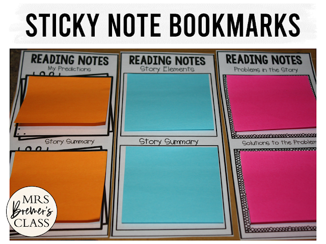 Sticky Note Bookmarks students use to take notes during reading with editable options for Kindergarten First Grade and Second Grade