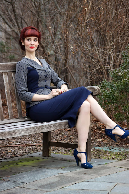 Stop Staring Unique Vintage Leonora Navy Polka Dot Suit Dress