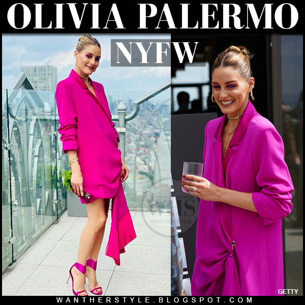 Olivia Palermo in fuchsia blazer dress and fuchsia sandals at New York Fashion Week