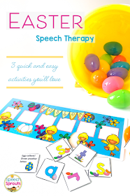 You'll love how easy it is to target multiple goals at once with this fun Easter Vocabulary game. Language prompts are included, or use it open-ended for any target. Comes with Spring and St. Patrick’s Day games too, so you can use these all season long.  One of 3 Quick and Easy Easter Speech Therapy Activities that are a must-have this spring! Head over to the post to see the other two.   #speechsprouts #speechtherapy #easter