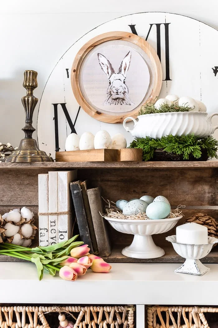 vintage Spring vignette with faux ironstone eggs