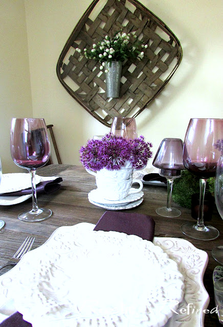 Italian dishes in a white and purple tablescape
