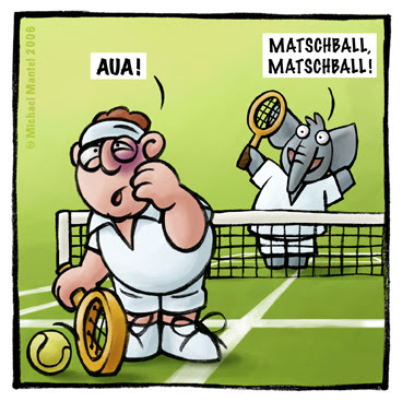 Matschball Matchball Tennis spielen Elefant Rasenplatz Spiel Sport Matschauge gute Besserung Cartoon Cartoons Witze witzig witzige lustige Bilder Bilderwitz Bilderwitze Comic Zeichnungen lustig Karikatur Karikaturen Illustrationen Michael Mantel lachhaft Spaß Humor Witz