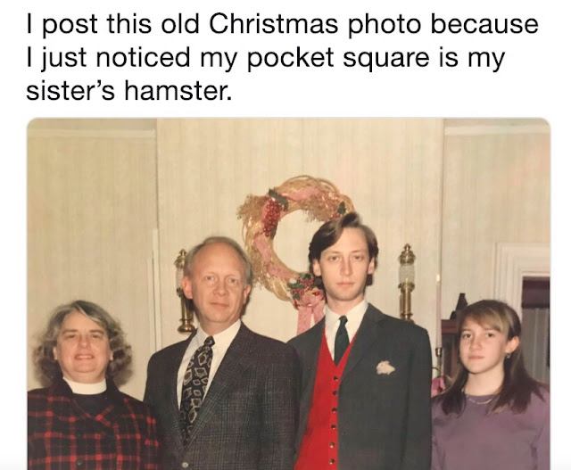hamster pocket square - I post this old Christmas photo because I just noticed my pocket square is my sister's hamster. moglo