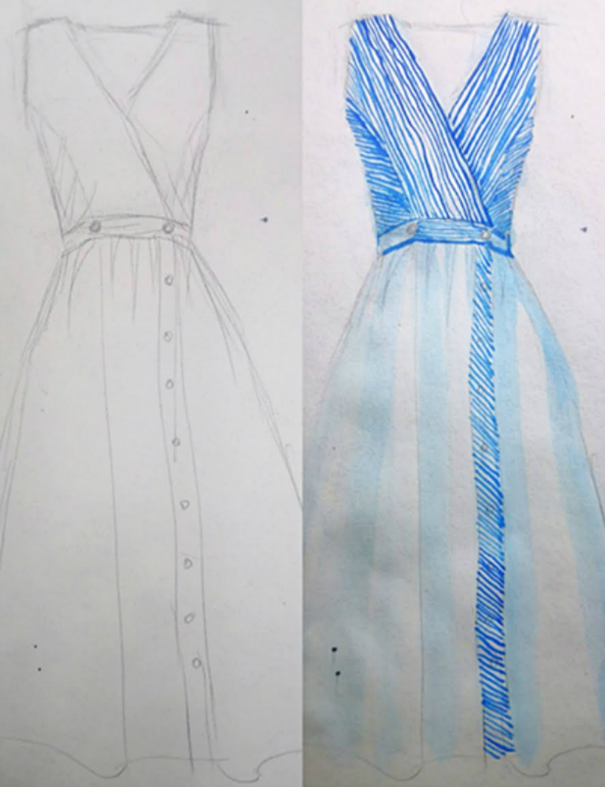 How to paint blue vertical stripe dress fashion in watercolor