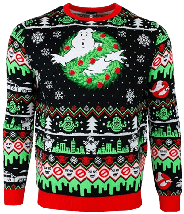 Christmas jumper with red, green and white Ghostbusters pattern